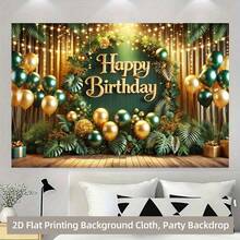 1件生日快乐背景横幅，涤纶材质，深绿色和金色生日主题，带有森林热带植物和礼盒装饰，适用于生日、庆祝派对、家庭客厅、卧室、办公室、户外派对和节日礼物、户外聚会、庆祝活动装饰、主题装饰、生日用品。 - 彩色 - 查看 10