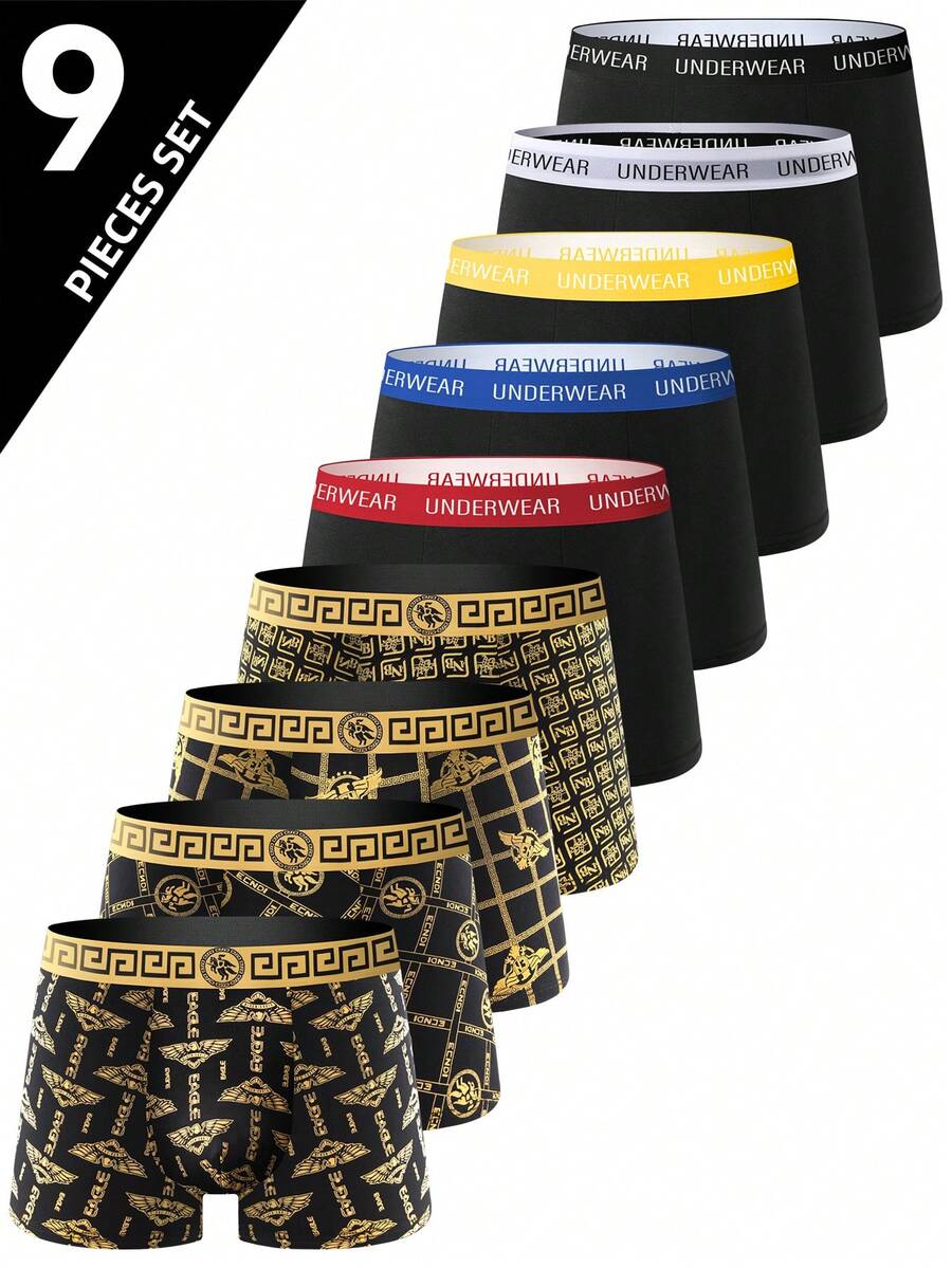 9pcs/Set Men's Fashion Black & Gold Style Boxing Shorts, Printed Breathable Comfortable Boxer Briefs, Sports Shorts, Funny Men's Underwear, Cycling Shorts - Multicolor - View 1