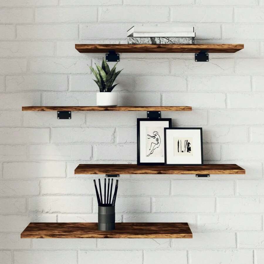 Larryhot Estantes pared 4 uds madera ingeniería roble humo 60x20x1,5 cm, Fácil de montar, elegante y hermoso, y conveniente para almacenar artículos, es una opción ideal para el almacenamiento y la decoración del hogar. - Marrón - Ver 1