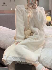 Timetallking [Pajama Specialty Store] Super Warm, Fluffy, Fleece-Lined Nightgown, Cute Loungewear, Flannel, Princess Style, Warm, Fluffy, Loungewear, Soft, Thick Pajamas For Fall/Winter - trắng - Xem 3