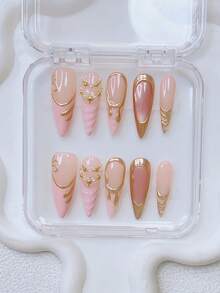 10片Y2K美甲尖头按压式美甲套装 - 手工制作，粉色美甲，金色美甲，粉色法式美甲，手绘金色法式美甲及3D水滴设计，手绘猫眼美甲，闪亮白色仿珍珠和金色星星点缀，精致优雅的美甲 - 适合派对和休闲装扮，是送给女性和女孩的完美节日礼物。 - 彩色 - 查看 12