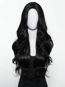 24 Zoll schwarze lockige wellige Perücke - eine elegante Damenperücke, 150% Dichte, Rosennetz-Kappenkonstruktion, Mittelscheitel, ohne Pony, moderner täglicher Langhaarstil - Schwarz - Übersicht 3