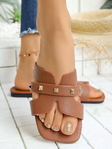 新款时尚百搭女士日常穿着及沙滩平底凉鞋 - 棕色 - 查看 4