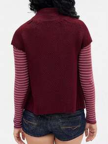 Womens Spring Summer Short Sleeve Cardigan Sweaters  Crew Neck Button Down Ribbed Knit Outwear Y2k Clothes - Burdeos - Ver 3