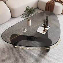Living Room Coffee Table - A Triangular Glass Coffee Table With A Wooden Base. Abstract Dining Table, Study Room, Office, Hotel Balcony (Walnut TransparentWoodBlack Tea Table), Versatile And Comfortable - Black - View 3