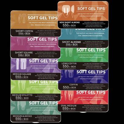 Bộ 550 móng giả vuông ngắn, mềm, phủ toàn bộ móng, 11 kích cỡ, móng giả định hình sẵn, kèm hộp đựng, dụng cụ làm móng tại nhà và salon.