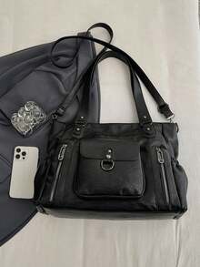 Bolso de hombro de gran capacidad para mujer de unicolor, bolso de mujer de gran capacidad con textura de moda, bolso de mano grande, bolso bandolera personalizado para mujer, adecuado para uso diario y universidad, adecuado para salir, compras, regalos, viajes, ir y venir - Negro - Ver 9