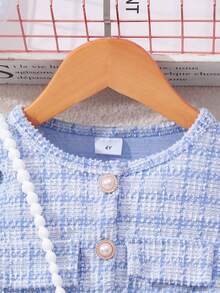 女童长袖格子撞色网纱优雅连衣裙，配包包 - 藍色 - 查看 3