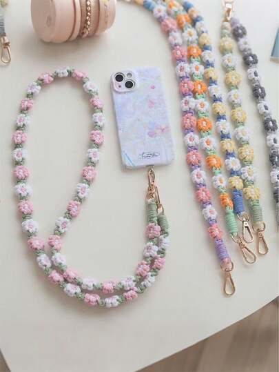 1pc Woven Daisy Flower Lanyard Strap, Crossbody Phone Hanging Cord, Anti-Lost Wrist Strap With Pad Compatible With Android And Most Smartphone, Gifts For Mother, Family, Friends, Kids, Birthday, Holiday Phone Chain