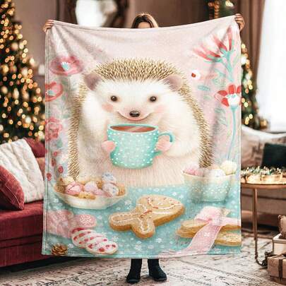 Hedgehog Throw Blanket, Winter Fanciful Cup Cookies Winter Pastel Blue Blanket Compact Decorative Aesthetic For Couch Sofa Bed Chair Car Office Desk 40x60 Inch