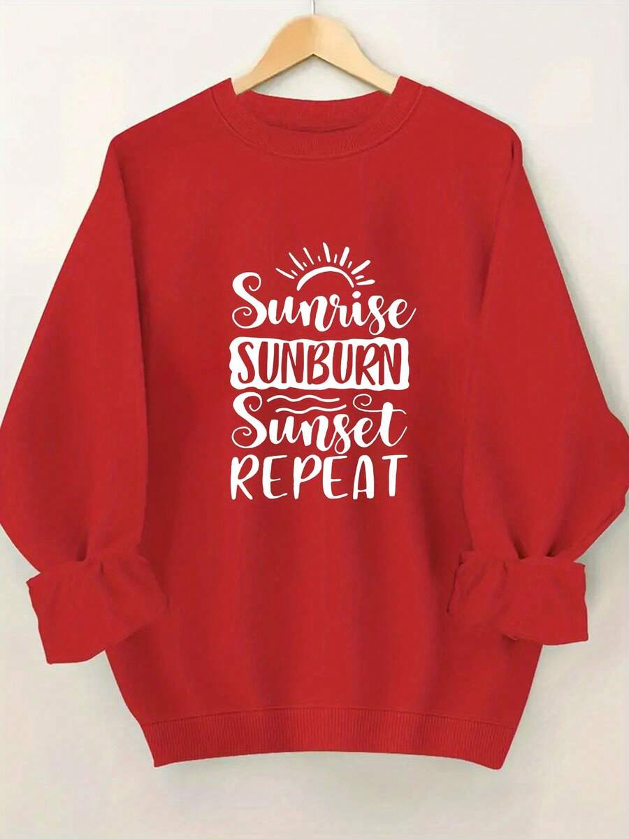 , Sudadera de Cuello Redondo con Estampado de Patrón Repetido de Amanecer y Atardecer - Rojo - Ver 1