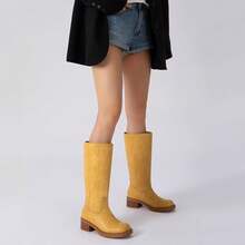 Women's Knee High Square Toe Chunky Block Riding Boots, Low Heel, 2025 Fashion - Yellow - View 8