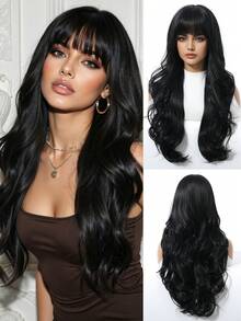 24英寸长黑色卷发假发，带刘海，大卷发，耐热合成假发，适合女性日常、派对、婚礼和其他场合。 - 黑色 - 查看 5