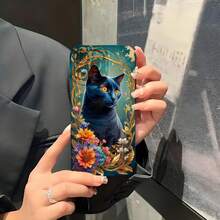 1PC Phone Case ,  Blue Cat Floral Gold Vine , Stylish Phone Case, Phone Decoration, All-around Lens Protection, Creative Small Gift, Funny Gift for Boys and Girls - Negro - Ver 5
