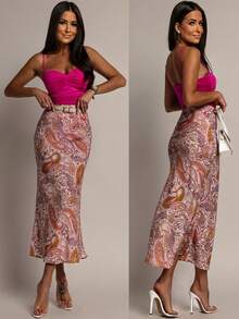 Elegant Bohemian Vacation Full-Length Cashew Flower Print Skirt - Pink - View 5