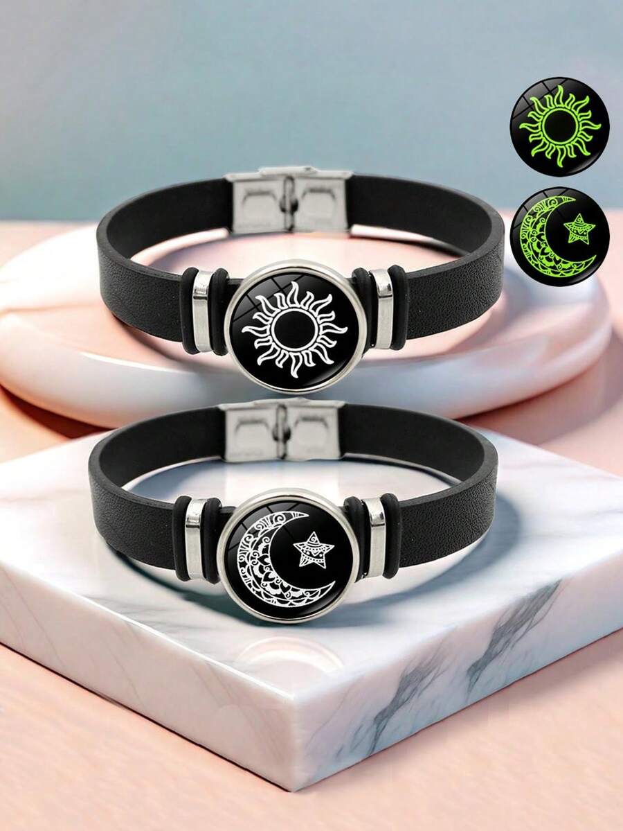 2件套情侣PU皮手链，女士情侣夜光日月结吊坠手链，友谊情侣派对饰品礼物 - 情侶 - 查看 1