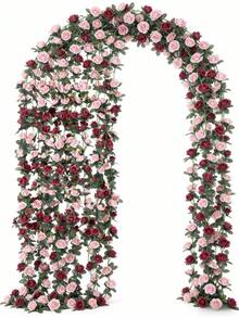 2 pièces/Paquet Vigne de fleurs artificielles, 45 têtes de fausses roses en guirlande, décoration pour maison, hôtel, bureau, mariage, fête, jardin, cadeau de la Saint-Valentin - rouge + rose - Voir 1