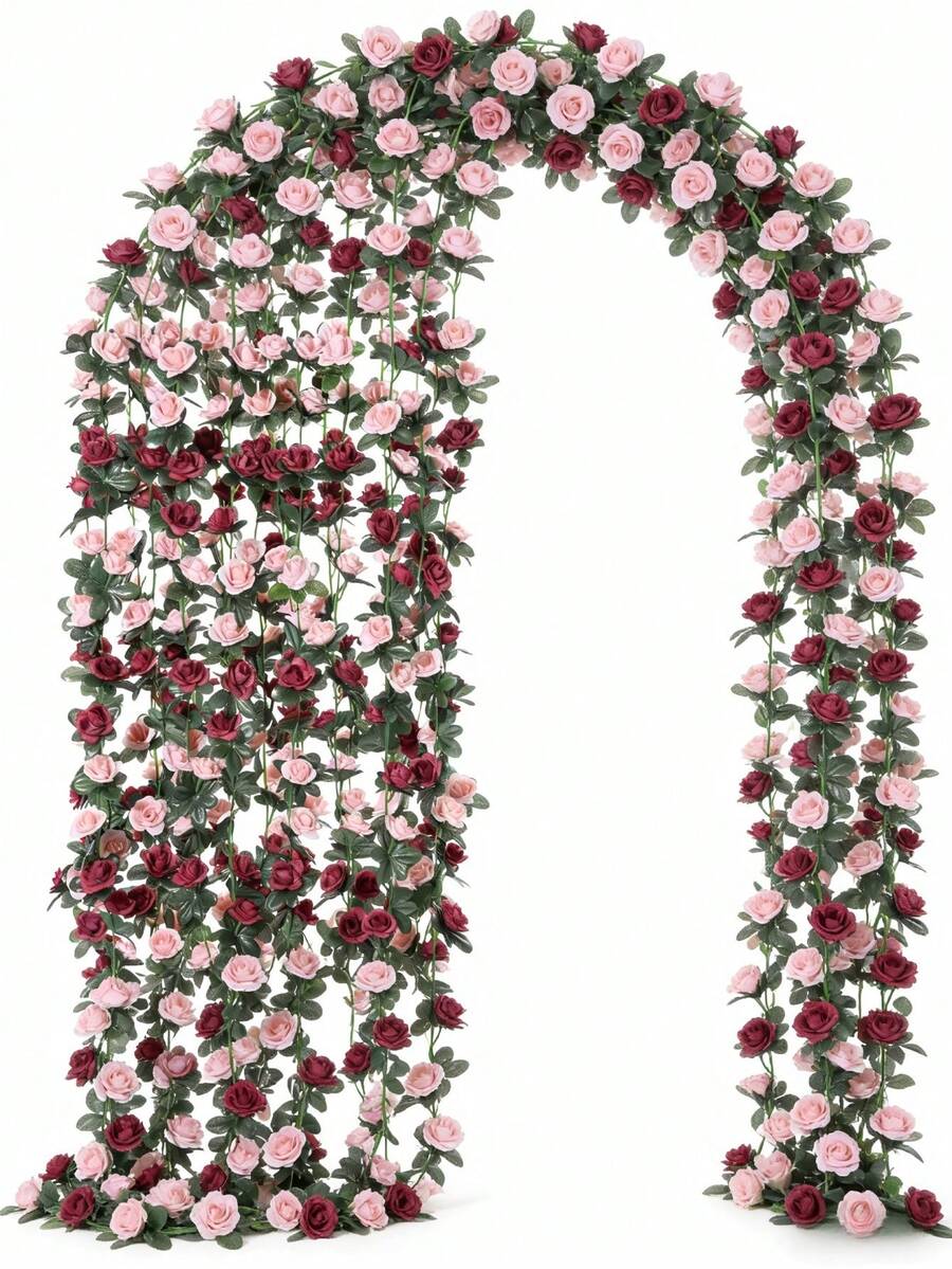 2 pièces/Paquet Vigne de fleurs artificielles, 45 têtes de fausses roses en guirlande, décoration pour maison, hôtel, bureau, mariage, fête, jardin, cadeau de la Saint-Valentin - rouge + rose - Voir 1