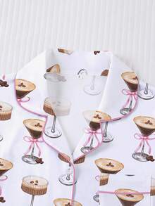 Bộ đồ ngủ nữ 2 món, họa tiết cà phê, chất liệu mềm mại, trang phục thời trang cho các bữa tiệc ngày lễ, áo sơ mi ngắn tay cổ cài nút và quần short co giãn, đồ mặc nhà thoải mái cho mọi mùa. - Nhiều màu - Xem 3