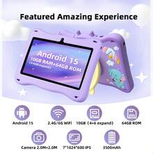 Qetupa Android 15 儿童平板电脑，7 英寸显示屏，10(4+6)GB 内存 + 64GB 存储空间，1024*600 分辨率，20MP 双摄像头（前置和后置），2.4G/6G WiFi，蓝牙 5.0，3500mAh 电池，护眼学习平板电脑 - 紫色 - 查看 2