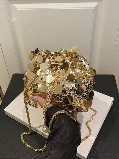 1 pieza Bolso de cubo con cordón de cadena, de PVC con lentejuelas brillantes, decoración de perlas metálicas y brillo de colores, bolso de embrague de hombro cruzado para mujer, adecuado para fiestas y eventos de moda