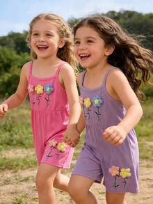2pcs Girls' Summer Floral Decor Ribbed Knit Jumpsuit, Children Pink & Purple Beach Holiday Loose Romper - Multicolor - View 6