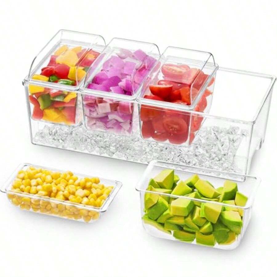 XGKLifewit Bandeja Condimentos Refrigerada con 4 Recientes Serdor con Tapas Separadas y Platos Remob. Ideal para Accesos de Bar Frutas Ensaladas Tacos y Aderezos en Fiestas 1 Paquetes - Transparente - Ver 1