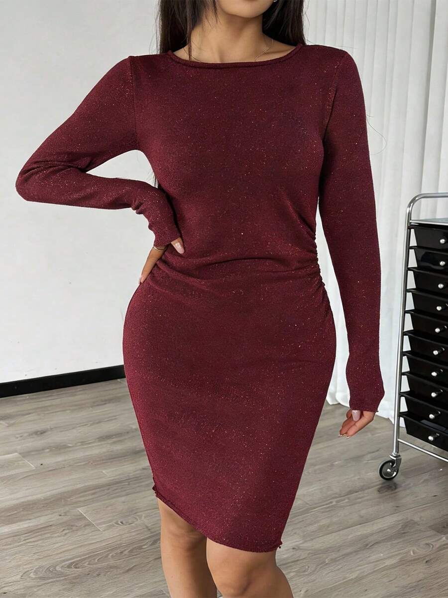 Sparkling Red Glitter Bodycon Mini Dress For Women Elegant Long Sleeve Ruched Pencil Hem Boat Neck Knee Length Non-Stretch - Dark Red - View 1