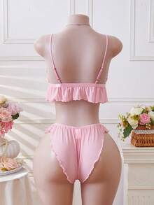 春夏秋冬万圣节圣诞节情人节平安夜感恩节粉色刺绣花卉内衣套装薄纱荷叶边印花吊带蕾丝性感内衣性感内衣异域风情睡衣套装文胸内裤套装粉色短裤套装 - 粉色 - 查看 2