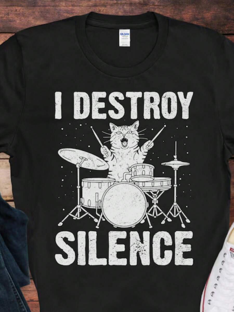 I Destroy Silence T-Shirt _ Funny Drummer & Cat Lover Tee _ Gift For Snare Drum Players _ Drum Lover Shirt - Black - View 1