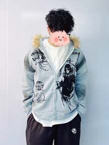 Mens 3D Graphic Zip Hoodie With Faux Fur Trim Oversized Gothic Streetwear Jacket Vintage Print Pullover For Casual - 灰色 - 查看 4