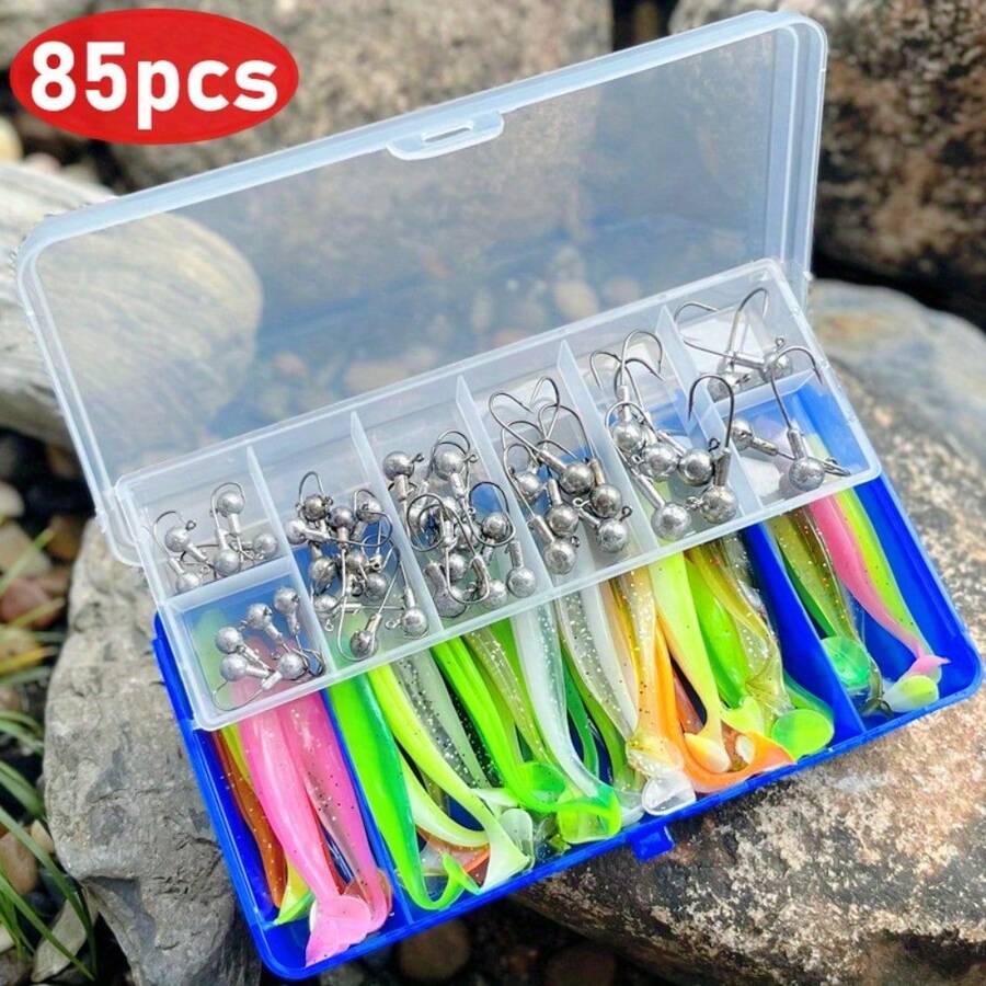 85pcs Fishing Jig Heads Set With Hook Box, Including 45 Jig Heads And 40 T-Tail Soft Baits, Soft Lure Hooks For Crappie, Bass, Trout, Saltwater & Freshwater Universal Fishing Tackle Kit, Essential For Lure Fishing Enthusiasts - White - View 1