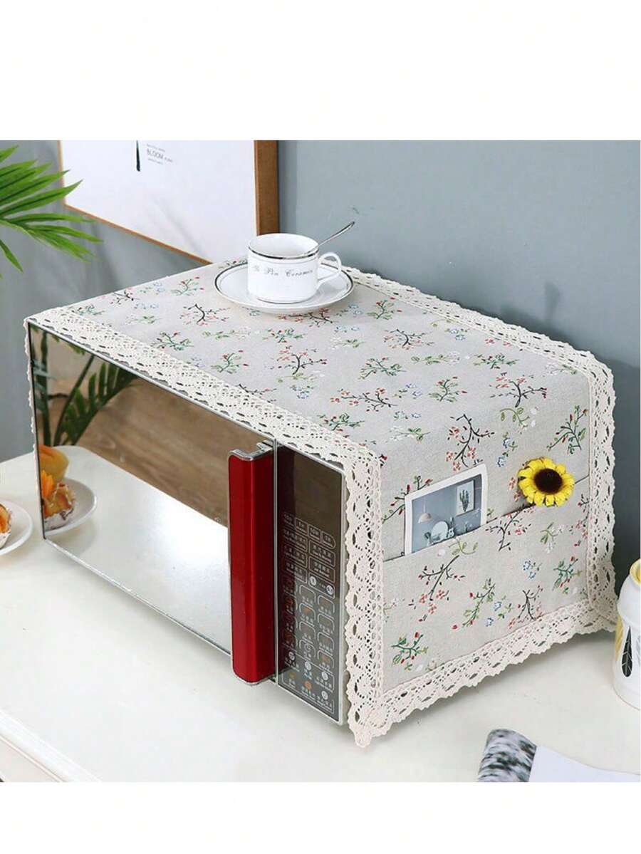 Microwave Oven Cover Dustproof Cotton Machine Protector Decorative Kitchen Appliance Cover With 2 Side Storage Pockets 13.78x39.37inches - 花朵 - 查看 1
