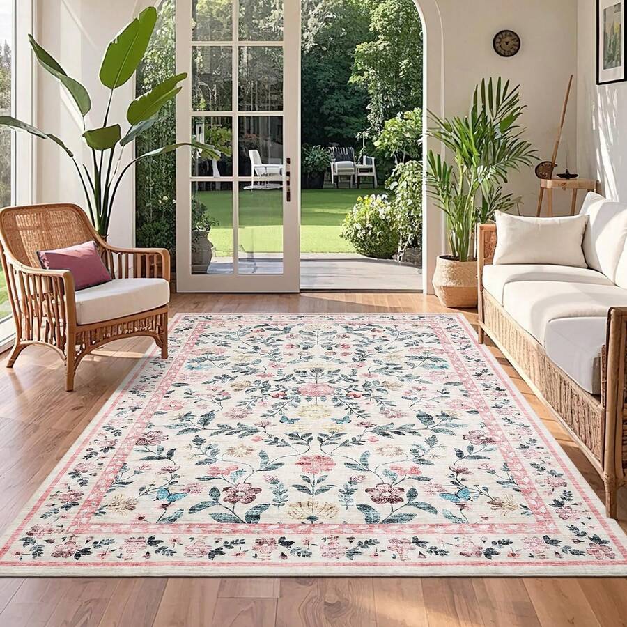 Hodeffior Floral Area Rugs Living Room, Modern Decor Washable Rugs, Foldable Farmhouse Carpet For Kitchen, Non-Slip Indoor Floor Mat For Entrance Hallway - Pink - View 1