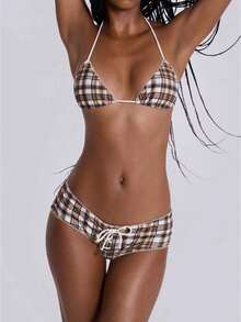 Women Polka Dots/Plaid/Striped Boyshorts Swimsuit Halter String Bikini Top Low Rise Shorts Set Y2k Triangle Bikini Shorts Sets - 棕色 - 查看 1