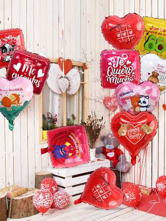 6pcs 18-Inch Spanish Love Print Foil Balloons, Assorted Styles, Suitable For Valentine's Day Party Decor, Proposal, Newlywed Decor, Romantic Party, Singles Party, Birthday, Anniversary, Valentine's Day Indoor Decor