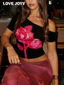 LOVE JOYY 女士露肩T恤，时尚精致玫瑰图案，适合春夏度假和派对穿着，黑色上衣 - 黑色 - 查看 1