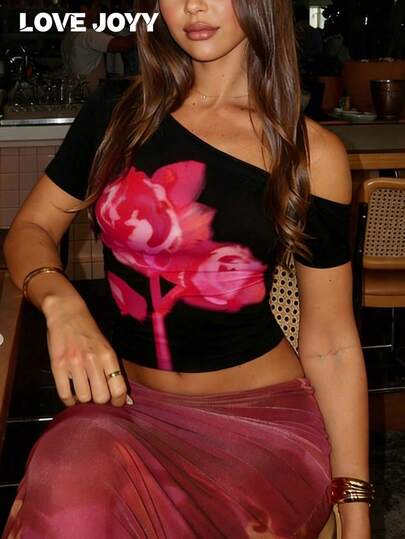LOVE JOYY Damen Off-Shoulder T-Shirt, modisches, exquisites Rosendesign, geeignet für Frühlings-/Sommerurlaub und Partys, schwarzes Top