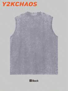 Y2KCHAOS 250g Washed Pure Cotton Vest Men's Vest Streetwear Style Urban Fashion Black Solid Color Sleeveless Top With Chain Detail For Men With Tattoo Arm Casual Wear For Young Adults - Xám - Xem 2