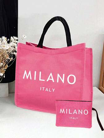 1 set de geantă și husă din in, include 1 geantă imprimată "Milano, Italia" și 1 husă imprimată, ambalaj cadou personalizat, geantă din in, geantă de umăr pentru femei, geantă cadou personalizată, cadou de Ziua Mamei (pentru iubită, soție, mamă), geantă de cumpărături portabilă, geantă cosmetică, geantă de toaletă