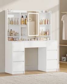 HEXCELEN Dressing Table With Lights, Vanity Desk With Large Led Mirror, Adjustable Brightness, Makeup Desk Vanity Table With 7 Drawers, 4 Shelves For Bedroom, Storage Behind The Mirror, White - Xem 3