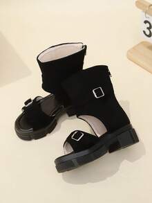 儿童时尚百搭休闲中筒凉鞋，女童厚底可爱罗马风高端凉鞋 - 黑色 - 查看 4