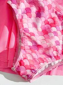 Young Girl New Pink Ruffle Trim Tankini Top + Fish Scale Print Triangle Bikini Bottom Set With Mini Skirt - Pink - View 5