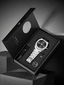 TOMI Men's Quartz Watch Set With Logo Pin & Ring, Fashionable Minimalist Square Dial With Rhinestones, Suitable For Daily Life, Business Events, Father's Day, Valentine's Day, Christmas, Gift - Silver - View 6