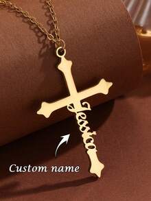 1pc Customizable Name Necklace, Hollow Art Font Cross Pendant, Stainless Steel Material, Unisex, Lucky Charm Gift, Unisex Necklace, Available In Gold & Silver, Customizable, Stainless Steel Jewelry, Cross Necklace, Birthday Gift, Anniversary Gift, Gift For Boyfriend, Charming Necklace, Valentine's Day Gift - Multicolor - View 1