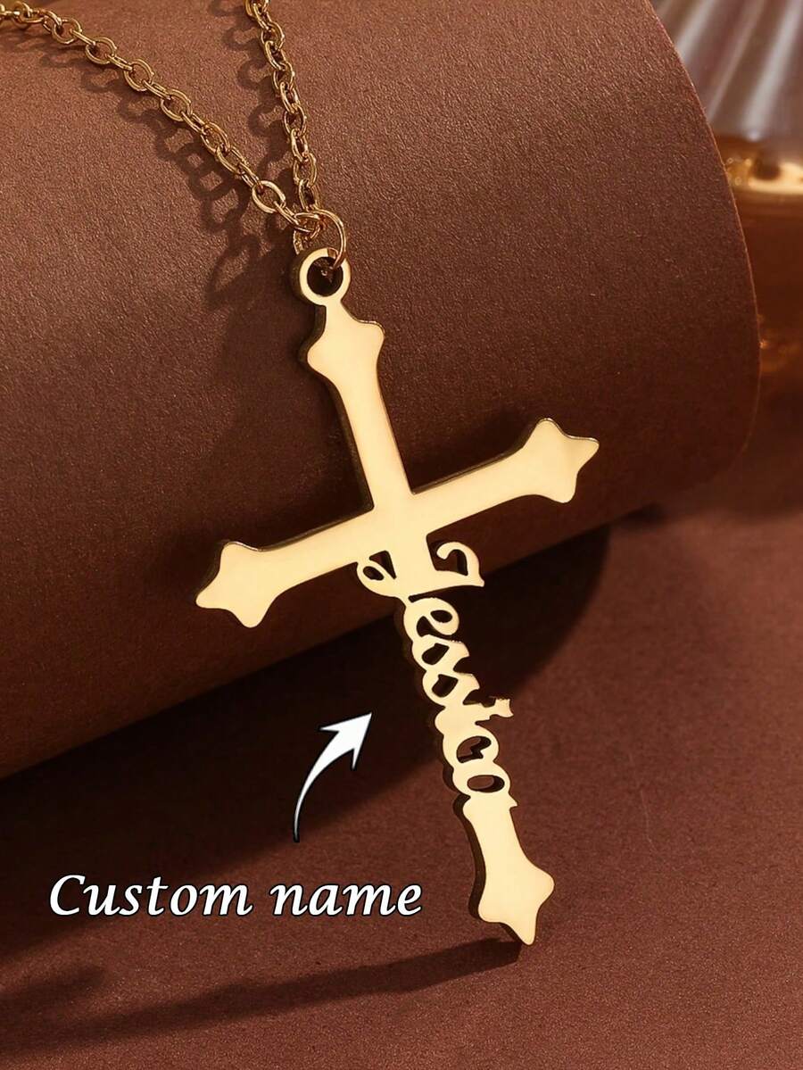 1pc Customizable Name Necklace, Hollow Art Font Cross Pendant, Stainless Steel Material, Unisex, Lucky Charm Gift, Unisex Necklace, Available In Gold & Silver, Customizable, Stainless Steel Jewelry, Cross Necklace, Birthday Gift, Anniversary Gift, Gift For Boyfriend, Charming Necklace, Valentine's Day Gift - Multicolor - View 1