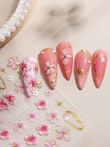 2Pcs 5D Embossed Spring/Summer Hibiscus Nail Stickers, Pink Gradient Hibiscus Pattern And French Gold Outline Design - Self-Adhesive Nail Stickers, Cute And Charming Decorative Stickers, Create Elegant Spring/Summer Nail Art DIY - Nail Salon Supplies - Multicolor - View 8