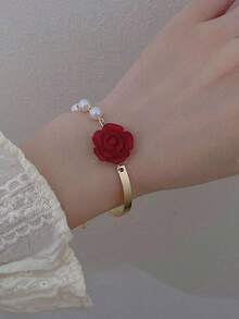 1pc Elegant Red Rose Meets White Rose & Pearl Flower Bracelet, Lightweight Luxury French Style Floral Bangle