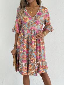 Women's V Neck Floral Print Ruffle Hem Tiered Midi Dress | Bohemian Casual Summer Dress - Orange - View 5