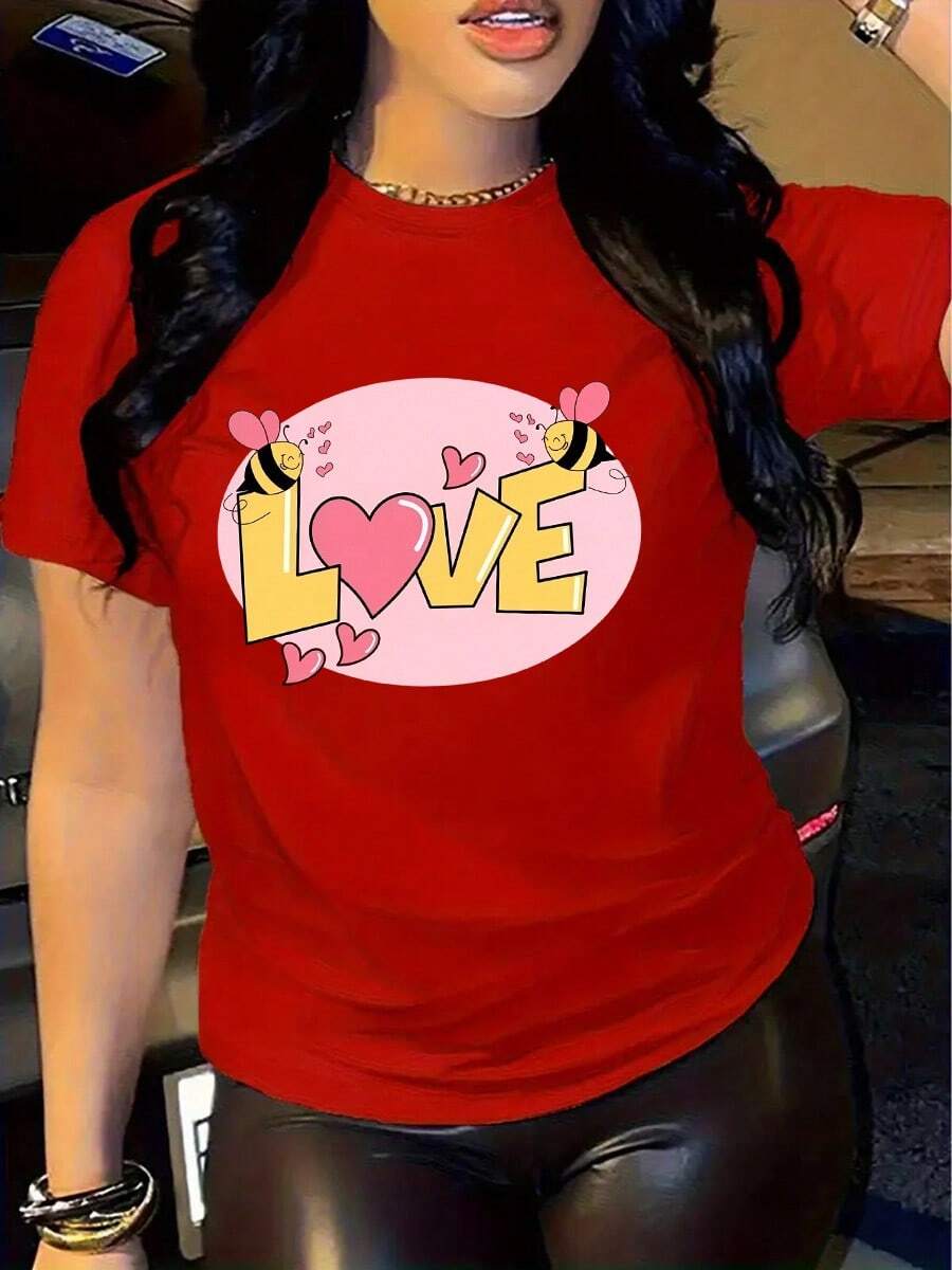 Camiseta casual de mujer con estampado romántico de San Valentín, cómoda camiseta de cuello redondo de manga corta, adecuada para usar en primavera y verano, regalo de San Valentín y atuendo de invierno, adecuada para cualquier ocasión, color sólido, estilo casual, reuniones familiares, uso diario. - Rojo - Ver 1